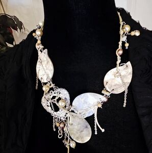Boho Coastal Statement Necklace: Mother of Pearl Shells,  Pearls & Silver Chain
